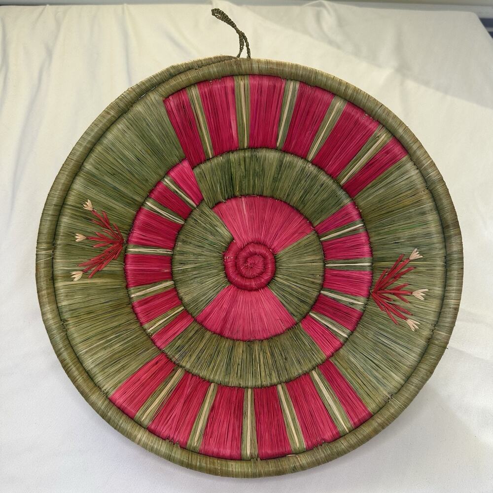 Boho Hand Woven Coiled Basket folk art floral Wall Decor Bowl Pink Green 11”